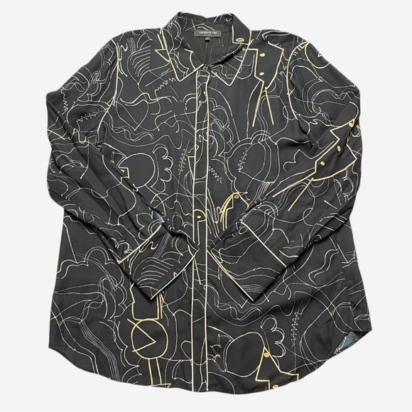 Lafayette 148 Long Sleeve Hidden Button Down Printed Blouse Size L Black Viscose - Picture 3 of 7